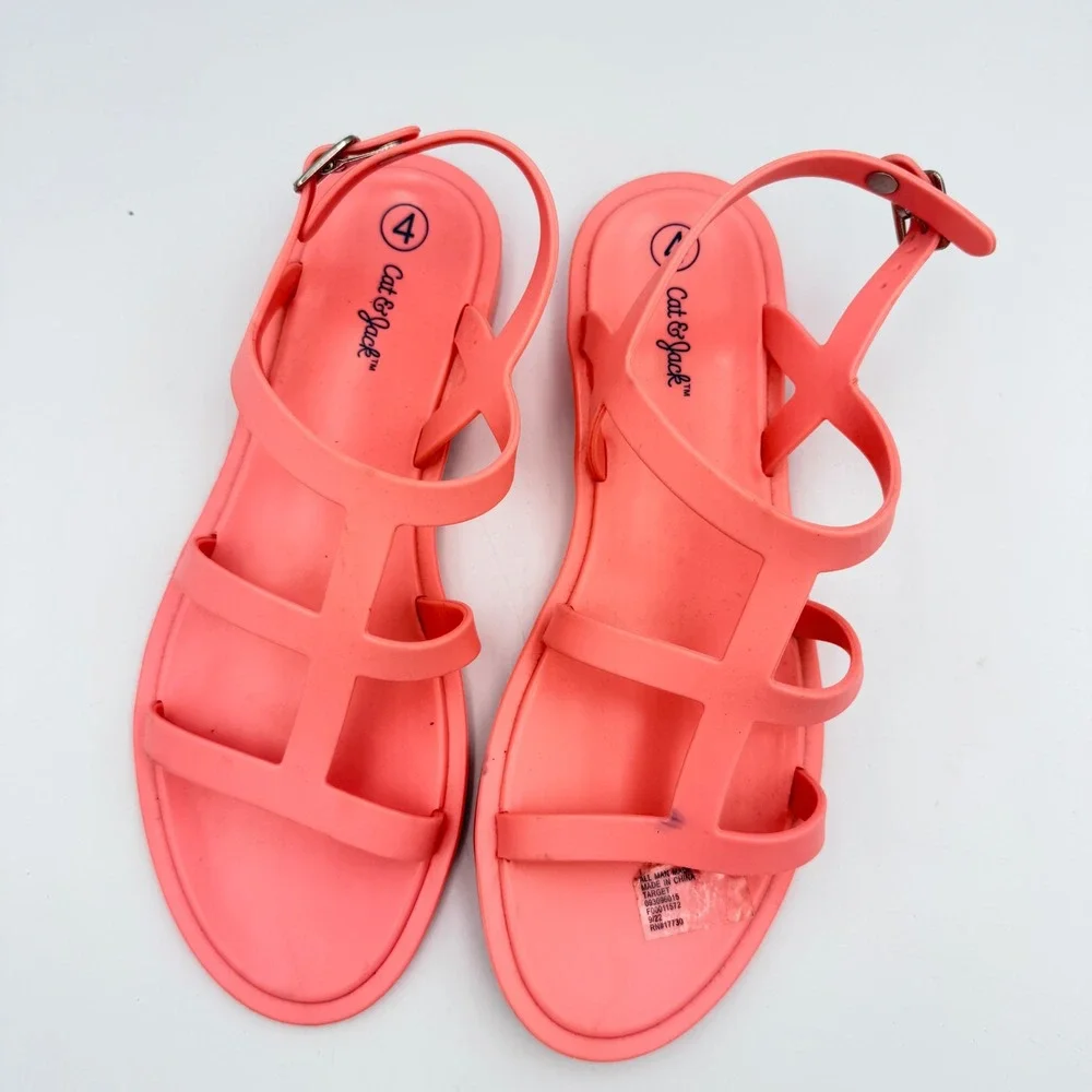 Cat & Jack Girls Coral Pink Jelly Gladiator Sandals Size 4 Big Kids Buckle Strap